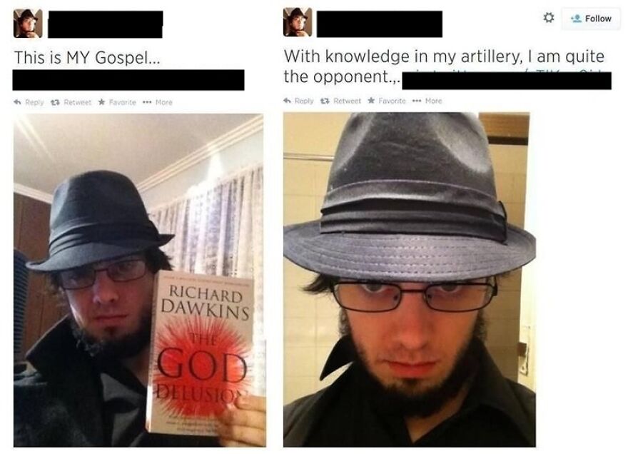 Man in fedora and glasses holding a book to look tough in awkward online photo