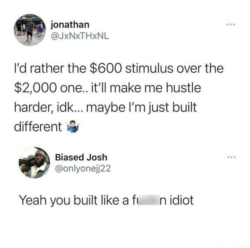 Tweet exchange showing a failed attempt to act tough with a stimulus check comment