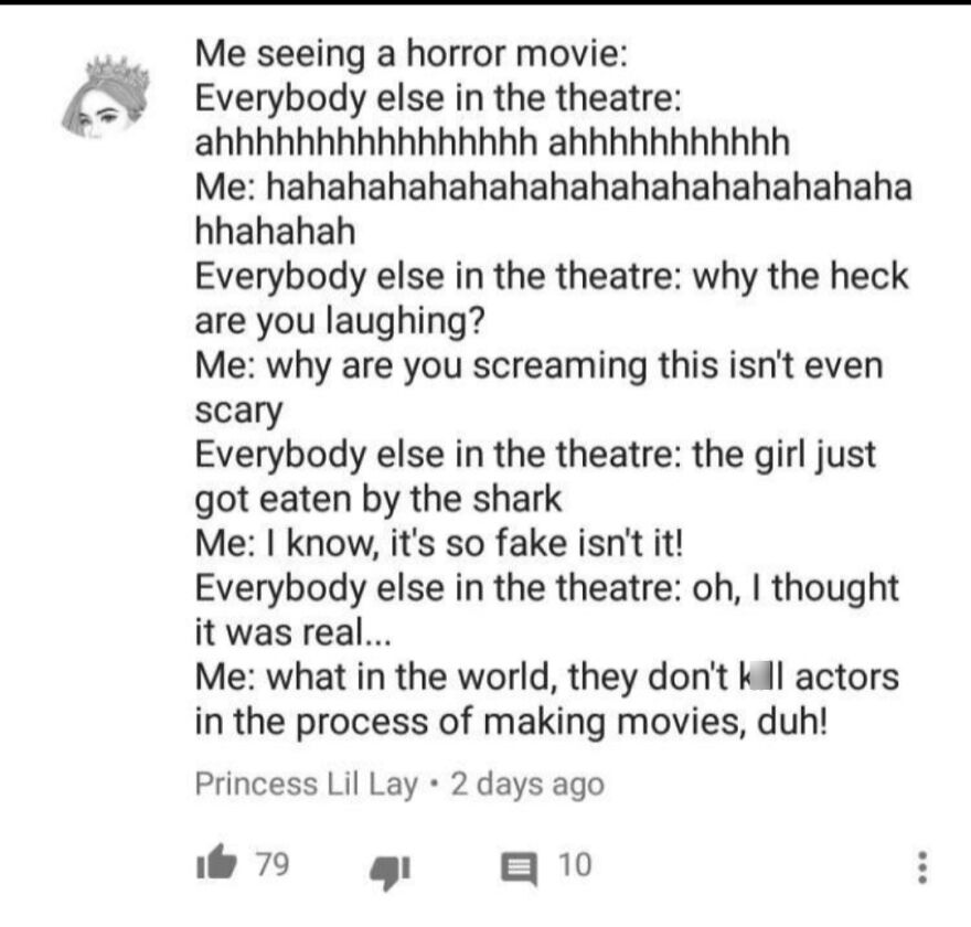 Funny comment about being scared of horror movies in an awkward online attempt