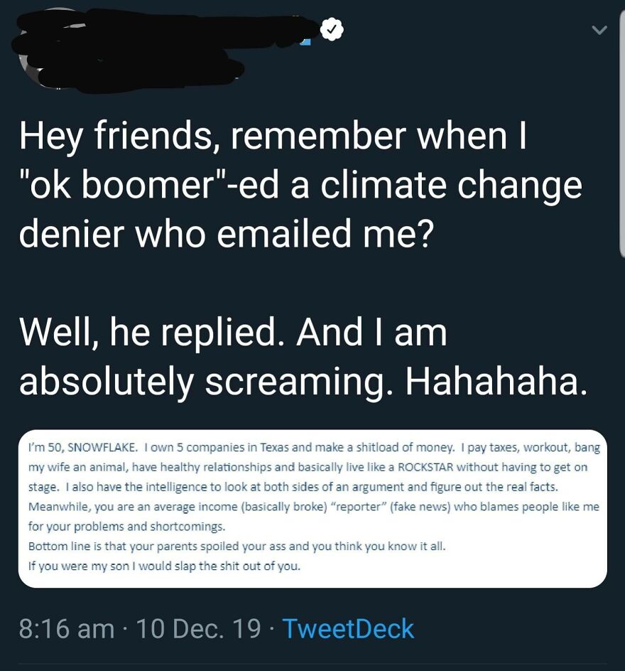 Twitter post mocking a climate change denier with a tough online reply