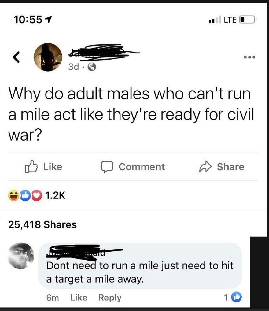 Facebook post questioning tough men ready for civil war with a sarcastic reply