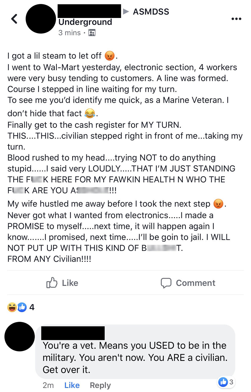 Marine veteran angrily confronts civilian for cutting in line, trying too hard to look tough online