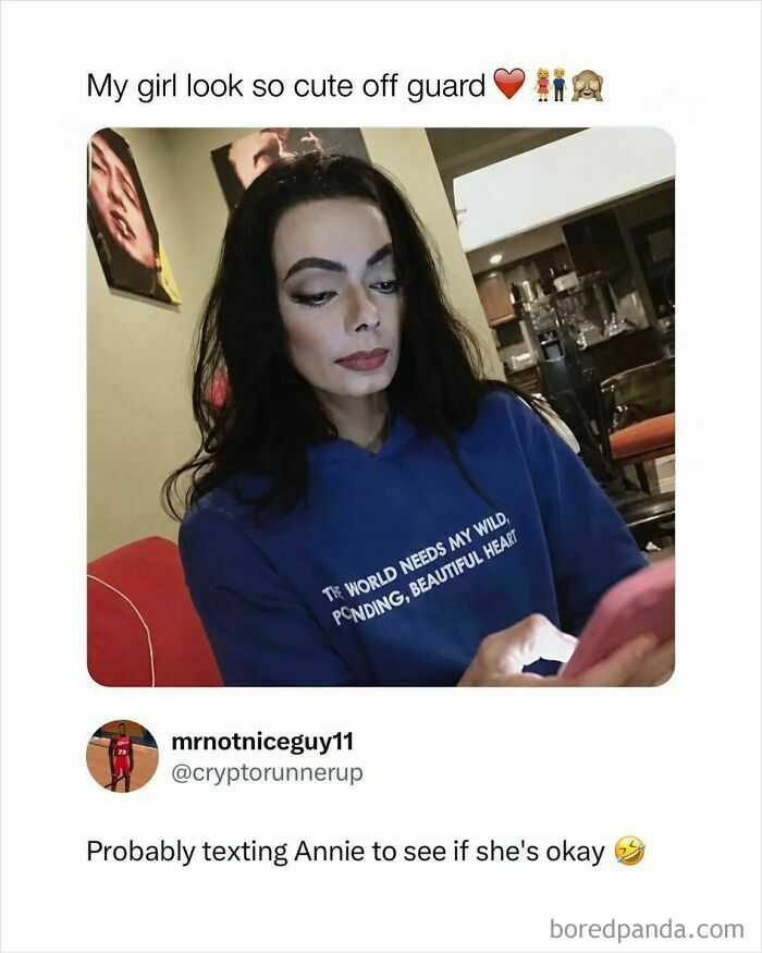 Boys just livin post of woman texting looking cute off guard