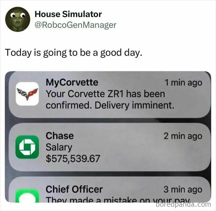 Phone notifications showing Corvette delivery and salary alert on good day