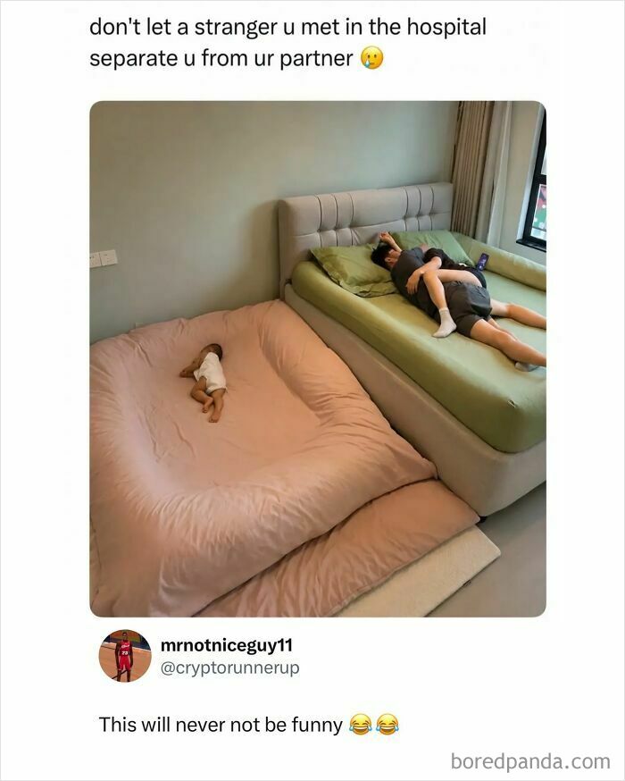 Couple lying on bed with baby on separate mattress boys just livin posts