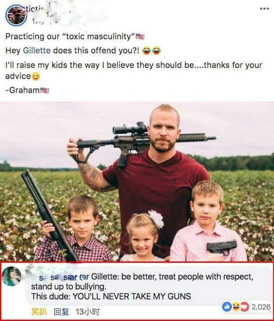 Man shows guns with kids raising 'toxic masculinity' to provoke, trying too hard to look tough online