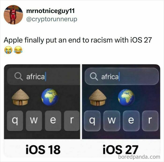iOS 18 vs iOS 27 keyboard showing Africa emoji change boys just livin posts