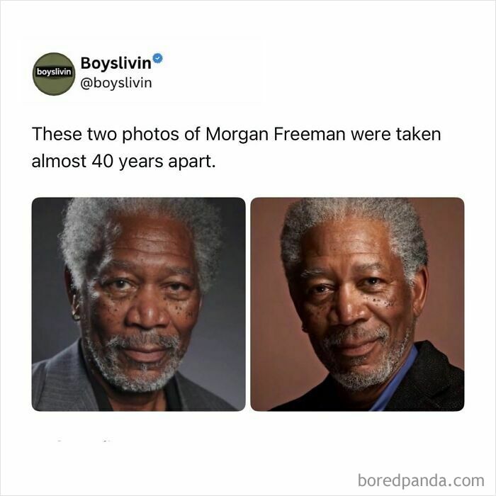 Boys just livin post comparing two photos of Morgan Freeman decades apart