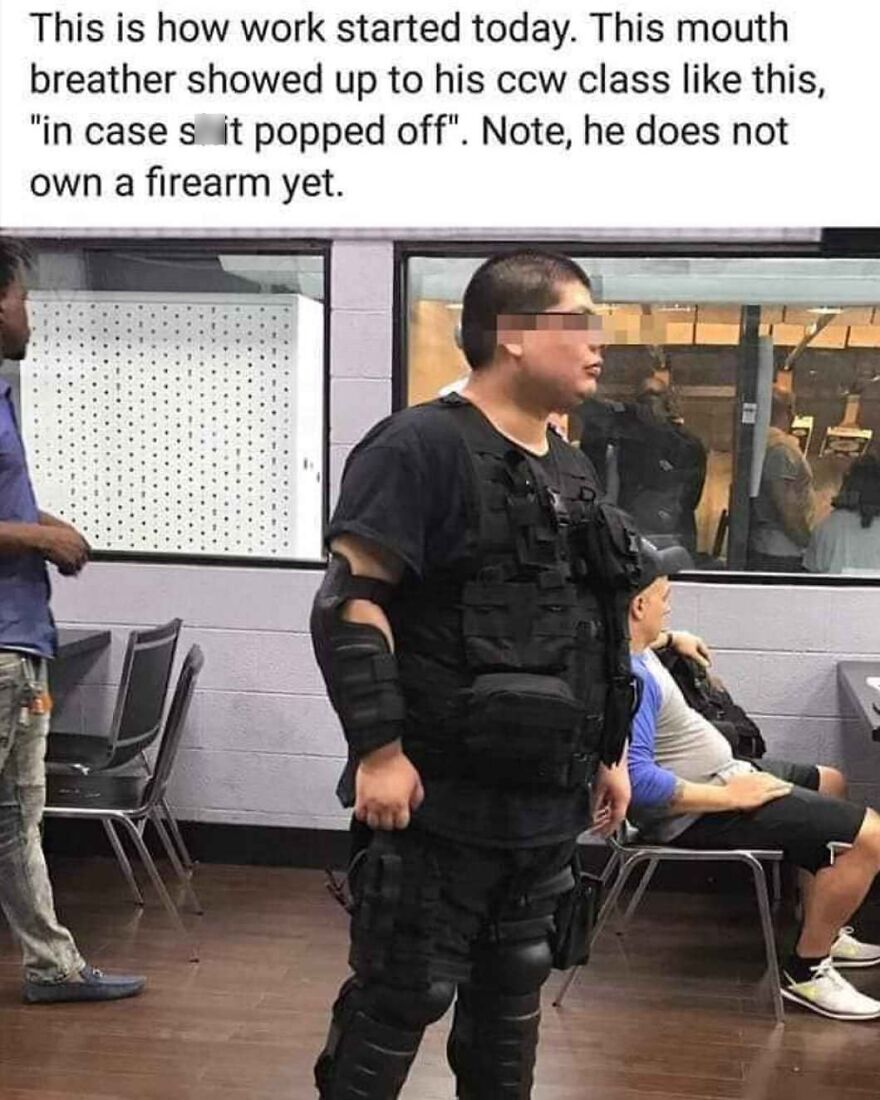 Man in tactical gear at CCW class without owning a firearm, awkward tough look online