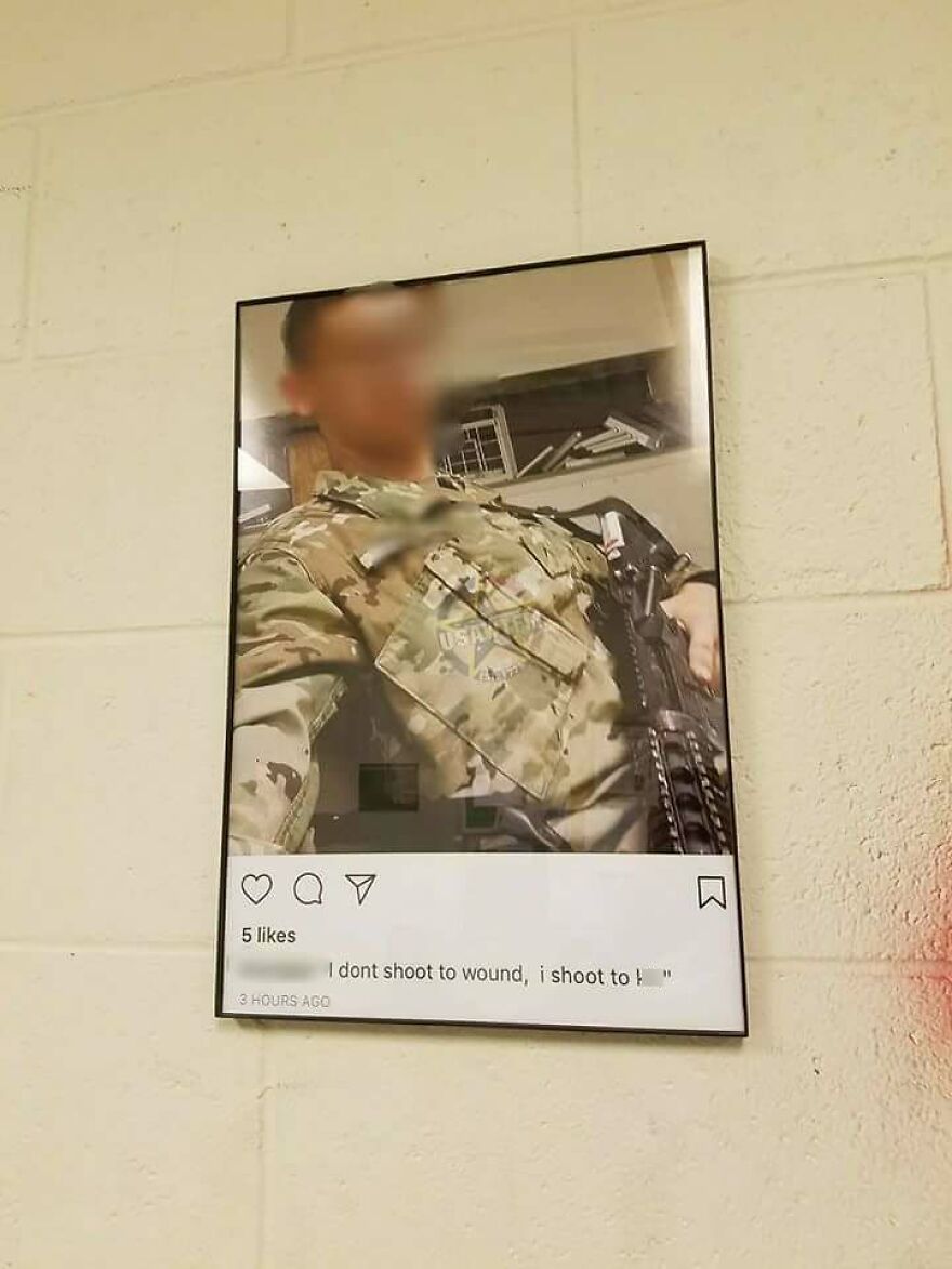 Blurred soldier holding rifle with a tough Instagram caption about shooting