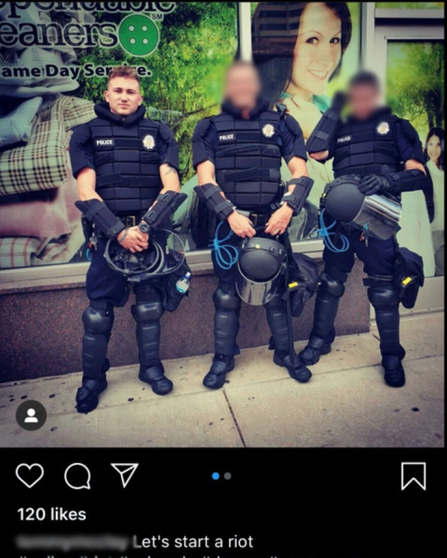 Three police officers in riot gear posing with a caption about starting a riot