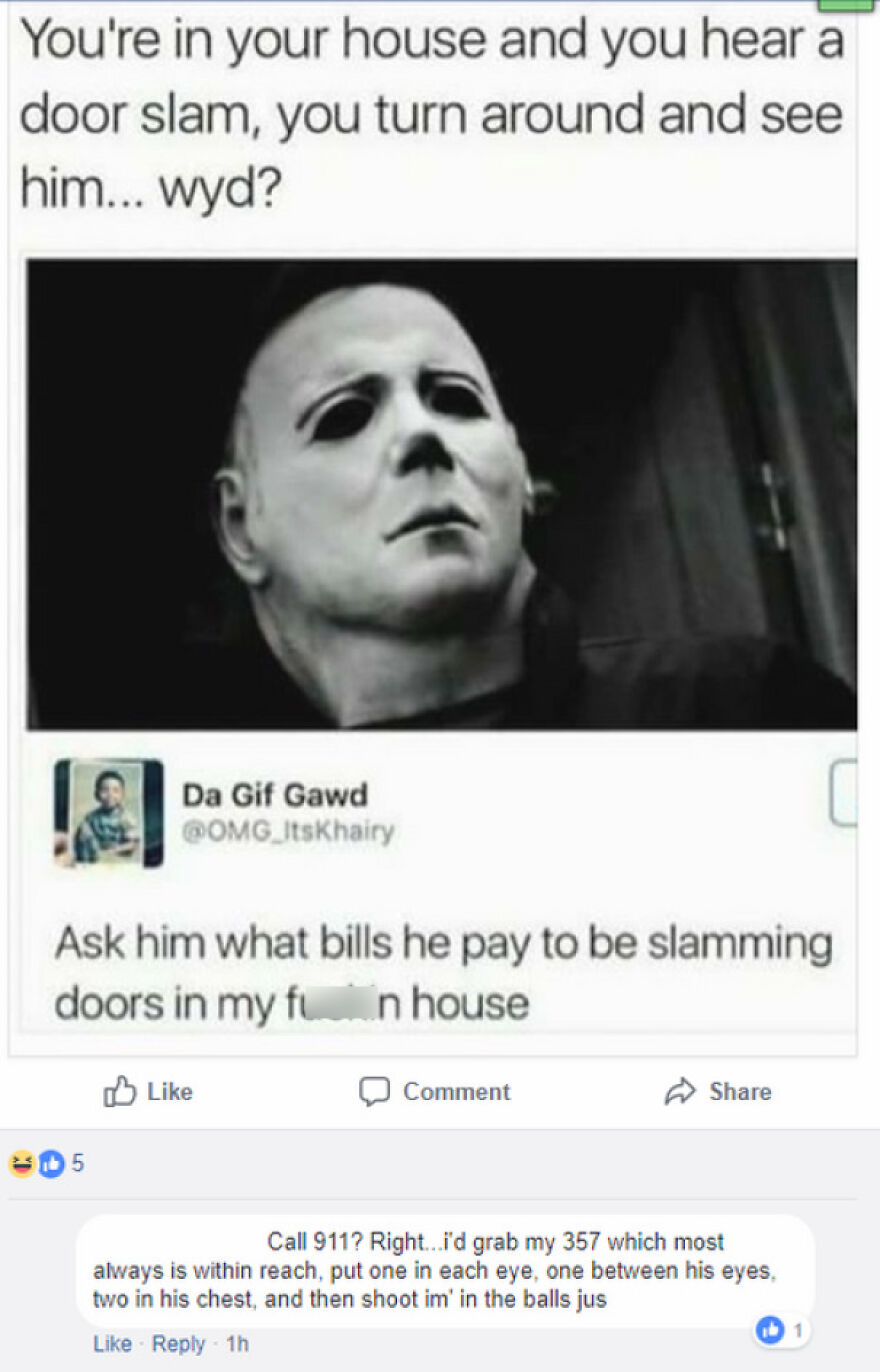 Meme about slamming doors featuring Michael Myers from horror movies