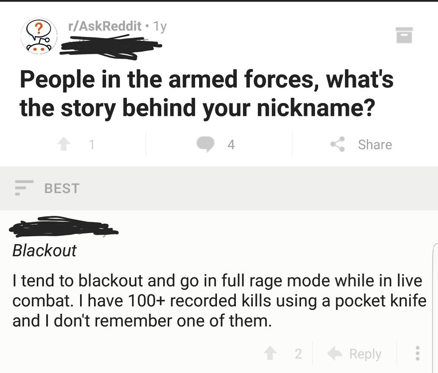 Reddit post about armed forces nickname involving blackout rage mode