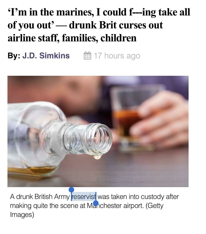 News headline about drunk British Army reservist causing airport scene