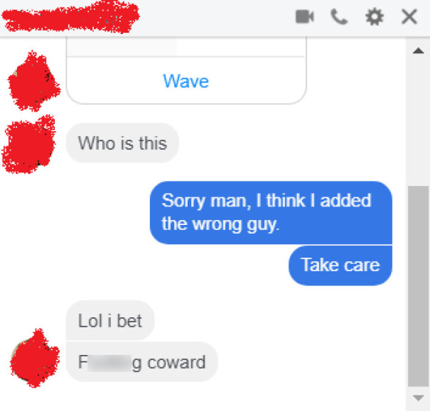 Chat message where one person mistakenly adds another and is called coward