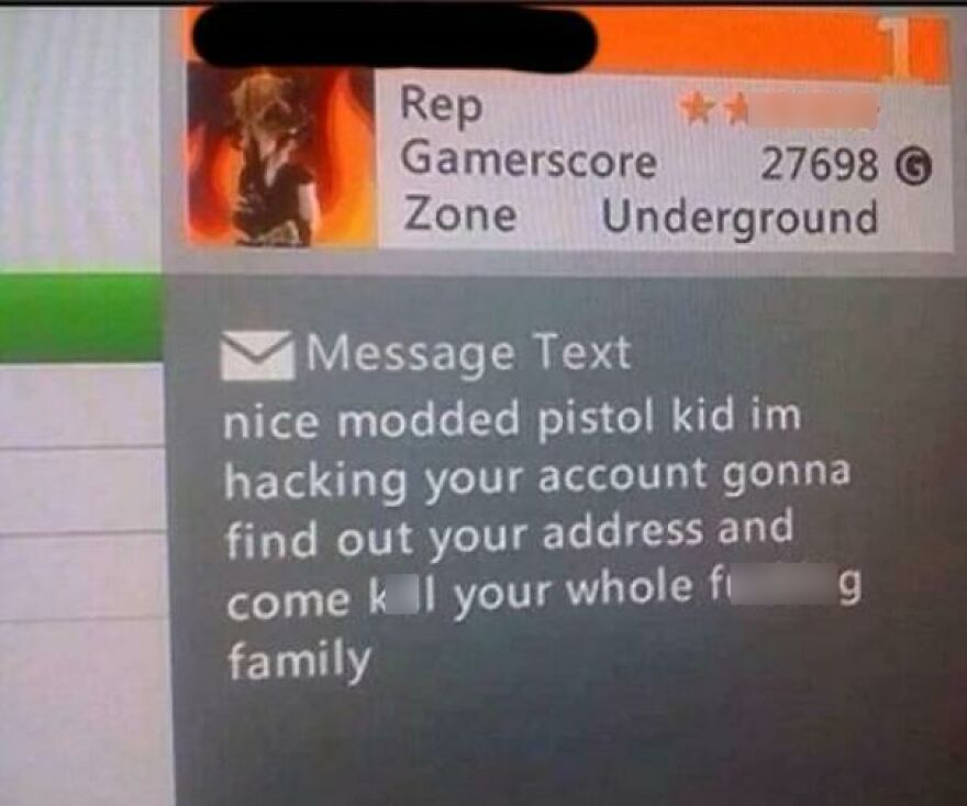 Gaming profile with threatening message showing gamerscore and underground zone