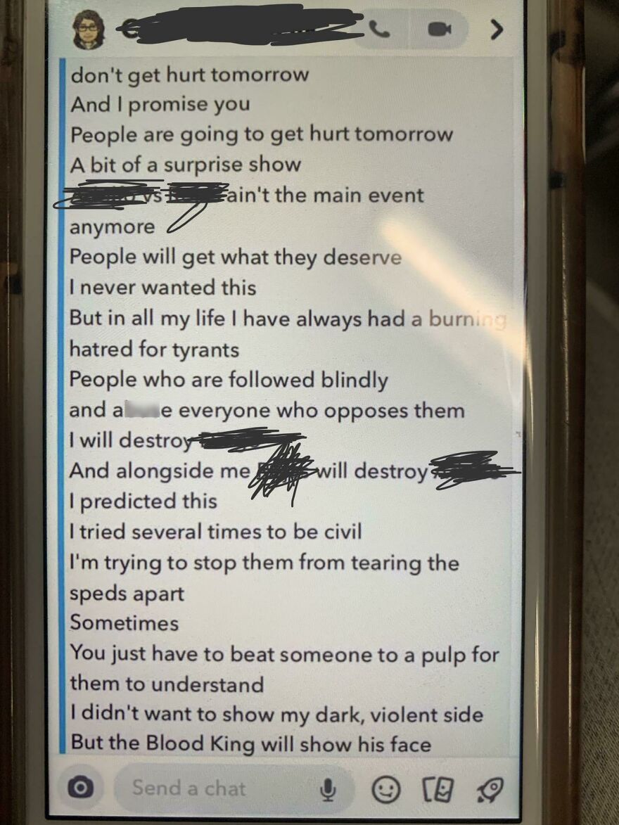 Screenshot of dark violent message expressing hatred for tyrants and threats