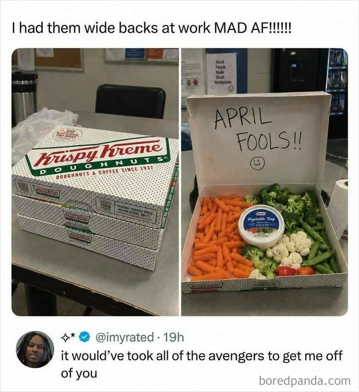 Krispy Kreme doughnut box prank replaced with vegetable tray April fools