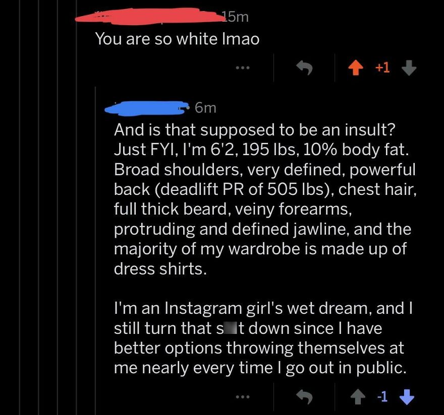 Online comment boasting physical stats and confidence in response to insult