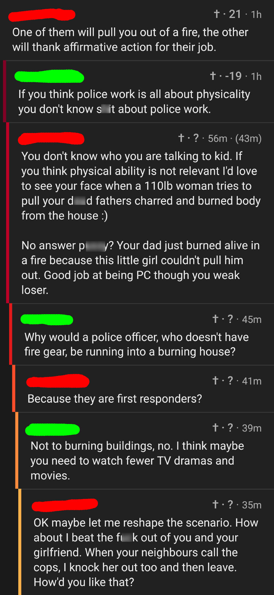Text exchange arguing about physicality in police work and violent threats