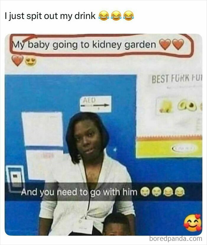 Humorous boys just livin post with woman and child at kidney garden joke