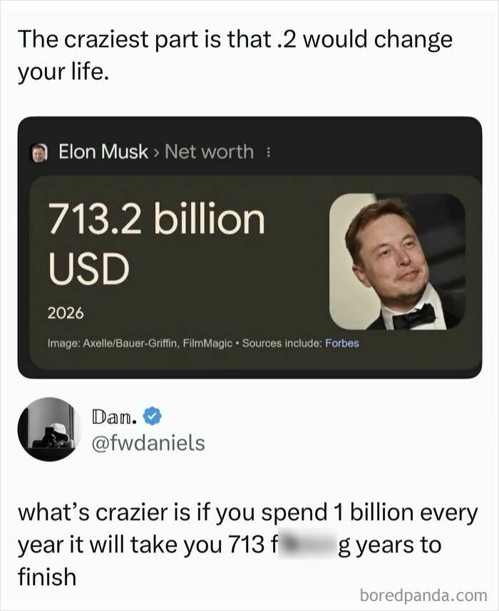 Elon Musk net worth at 713.2 billion USD in 2026 on a mobile screen boys just livin posts