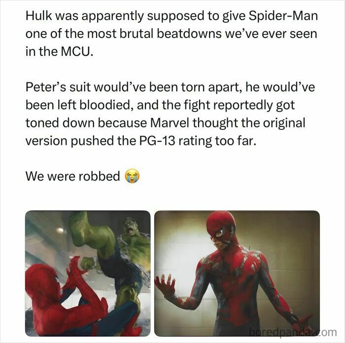 Spider-Man fight with Hulk in the MCU showing brutal beatdown and torn suit