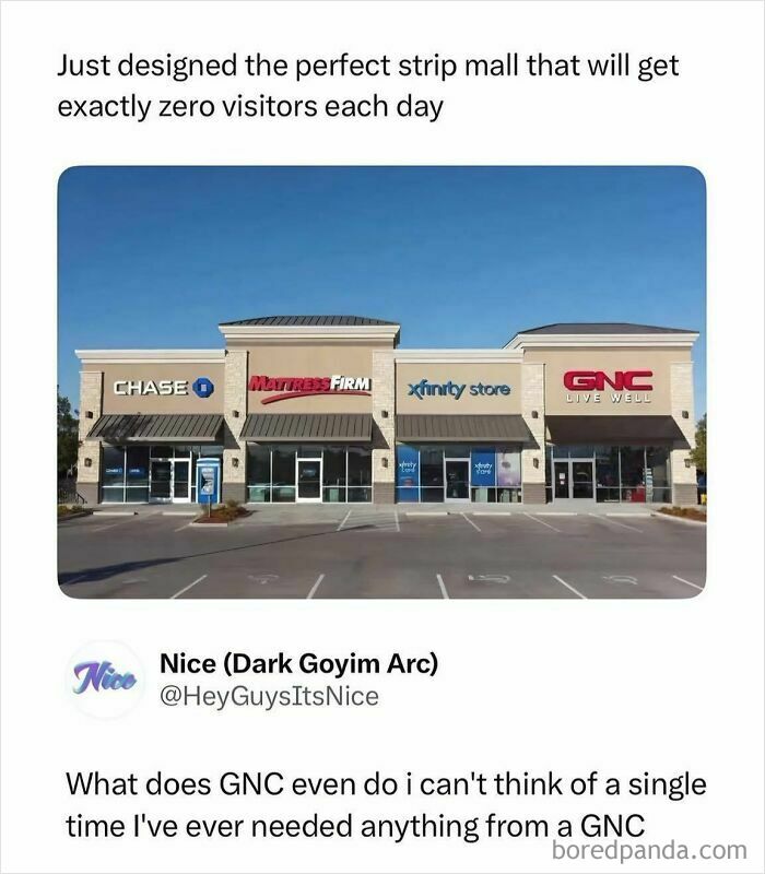Empty strip mall with Chase mattress firm xfinity and GNC stores boys just livin posts