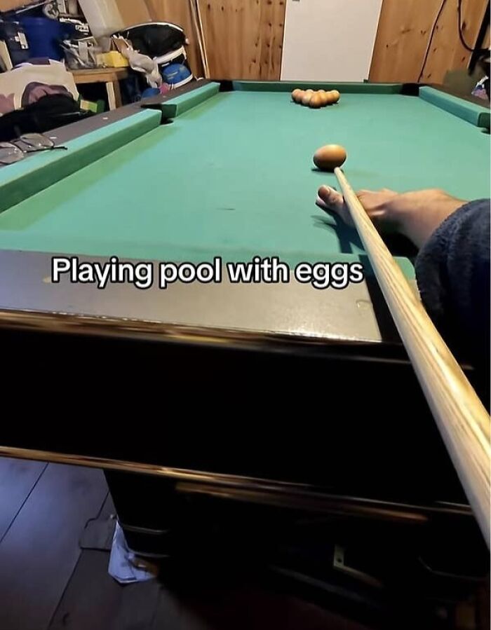 Playing pool using eggs on pool table in cursed images