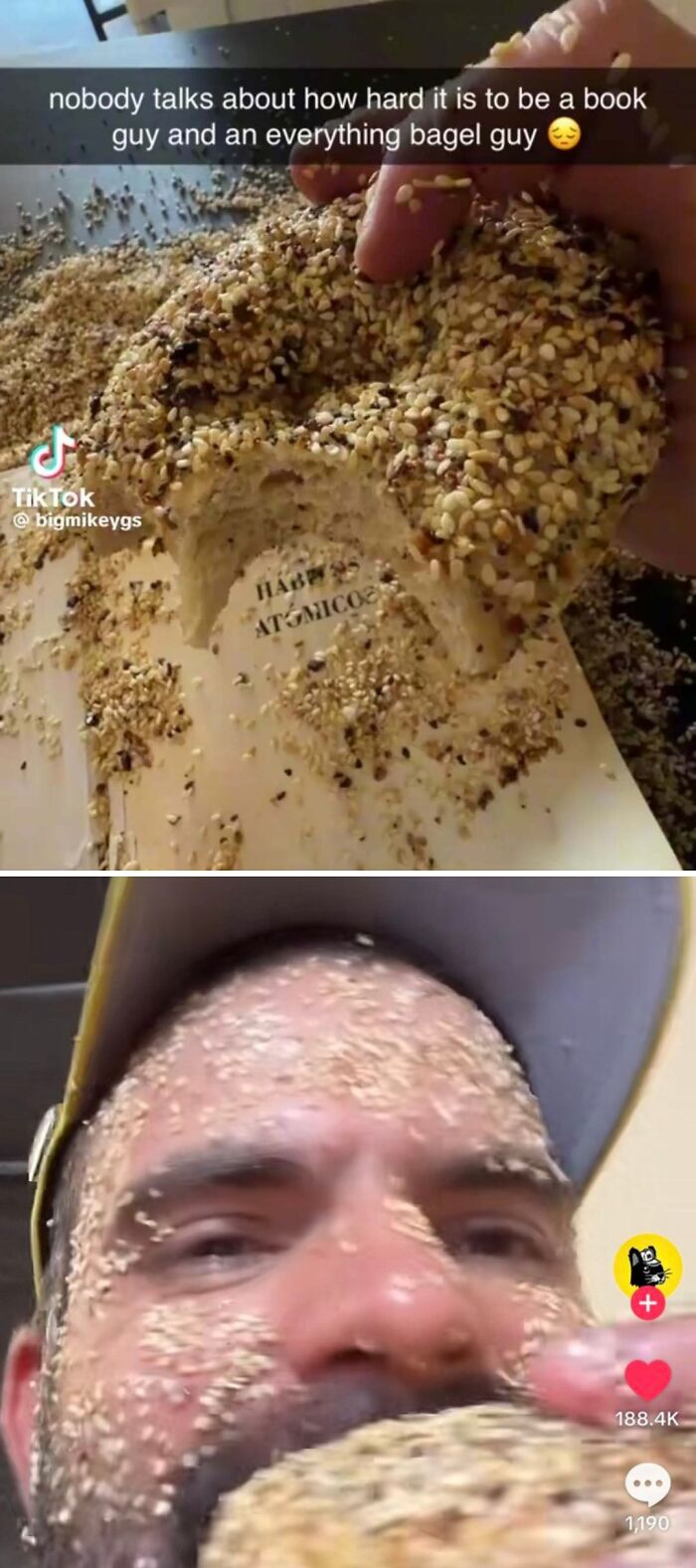 Person holding and eating an everything bagel, face covered in sesame seeds and spices