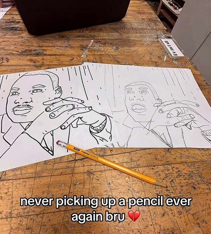 Black and white pencil drawing of man on table with broken pencil