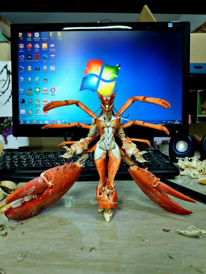 Crab shell arranged like humanoid figure in front of computer screen
