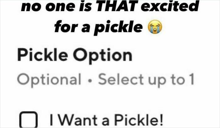 Funny pickle option menu with exaggerated excitement for pickle