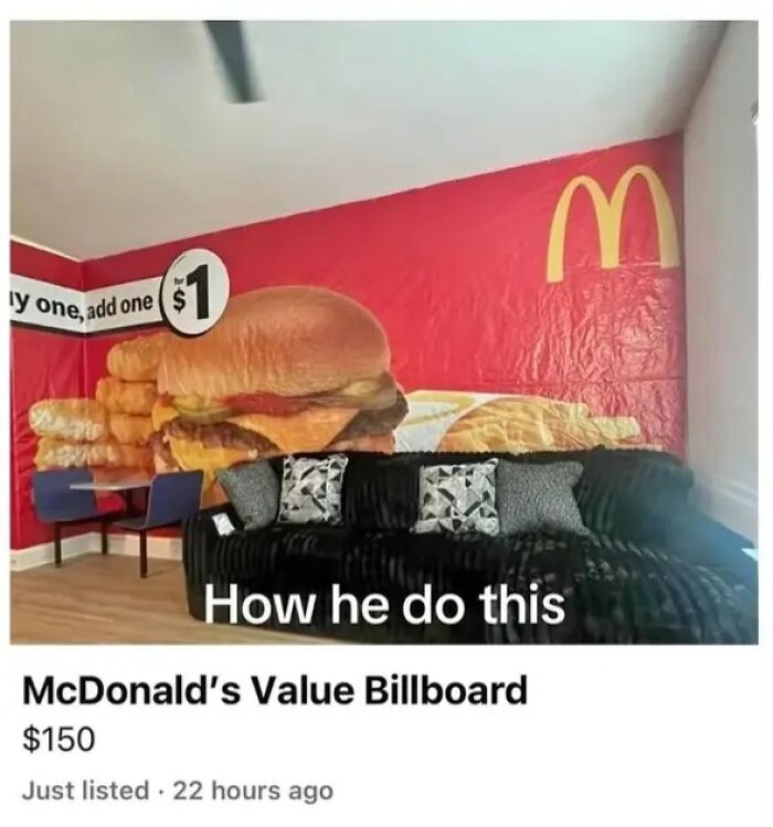 Room with oversized McDonald's value billboard painted on the wall