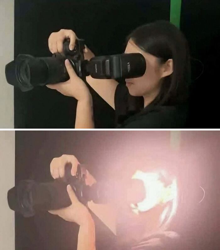 Hilarious pics of a woman holding a camera flash directly to her face before it fires