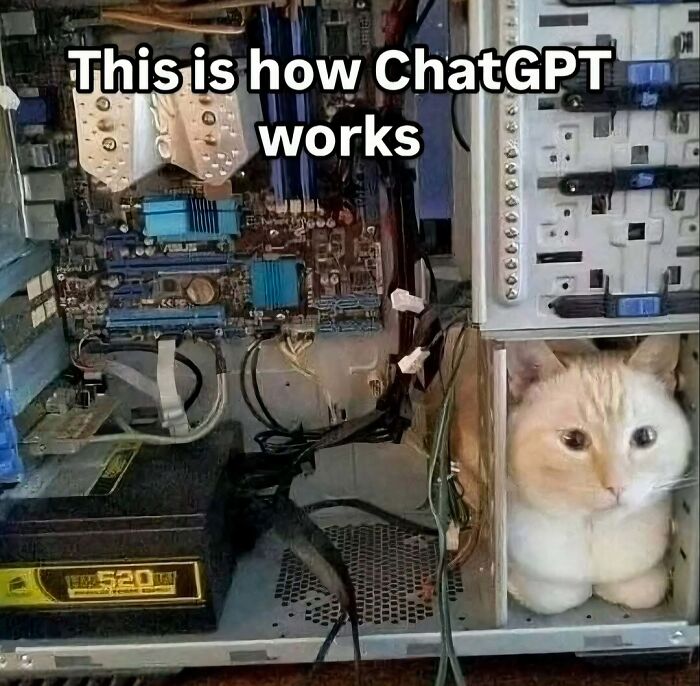 A hilarious pic meme of a cat sitting inside a computer tower with ChatGPT text.