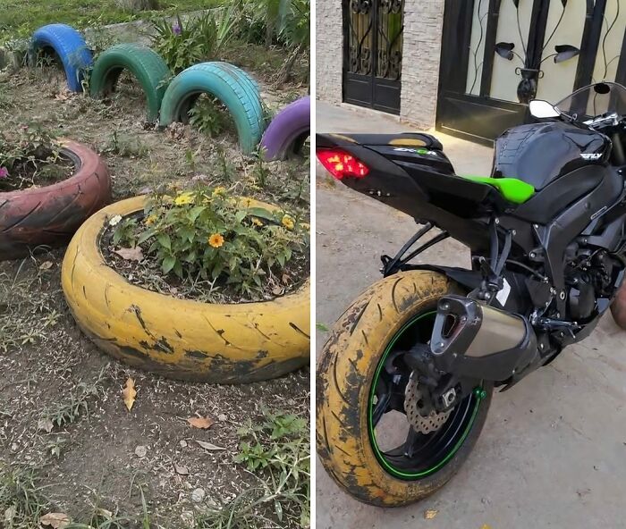 Hilarious pics showing painted yellow tire planters next to a black motorcycle with matching yellow tires