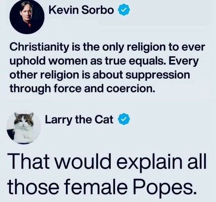 Tweet about Christianity's view on women with cat's sarcastic comment