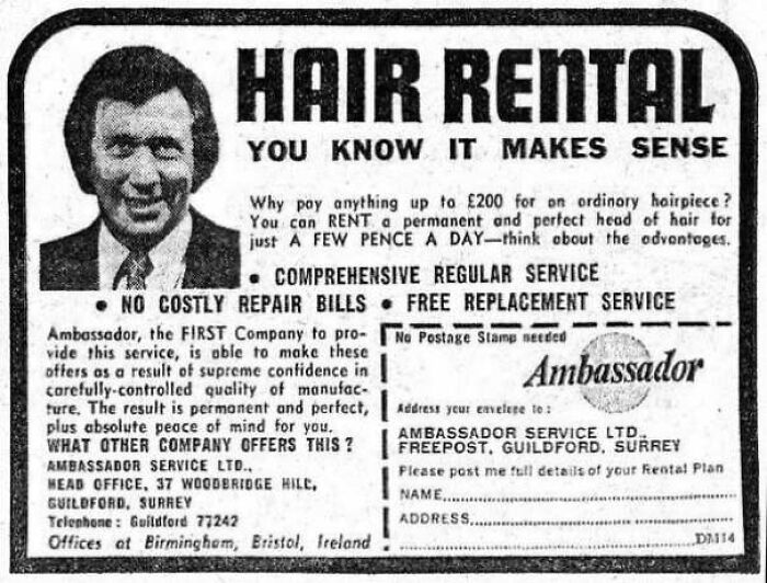 Old hair rental service ad promoting affordable hairpieces