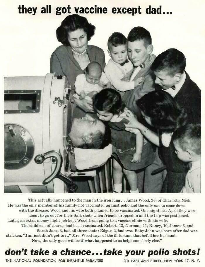 Retro polio vaccine ad showing family around man in iron lung machine