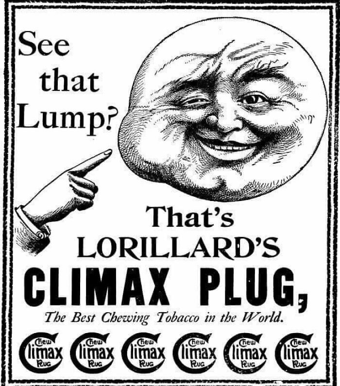 Black and white ad for Lorillard's Climax Plug chewing tobacco