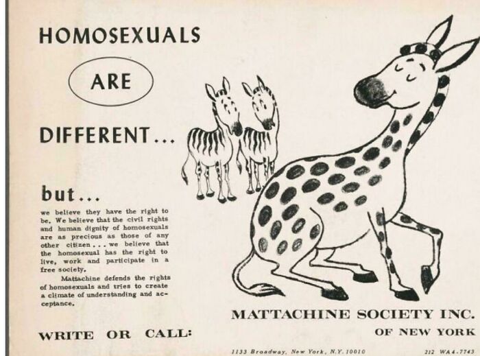 Mattachine Society ad advocating rights for homosexuals with cartoon spotted animal