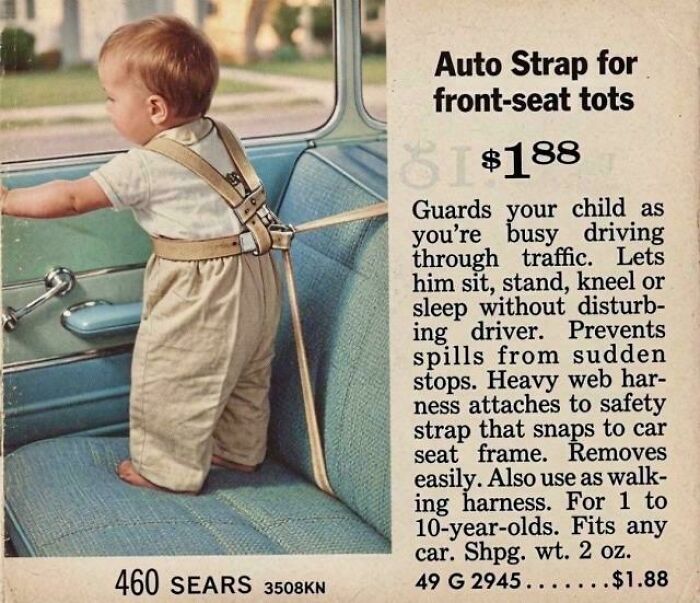 Vintage child auto strap safety harness ad for front-seat tots