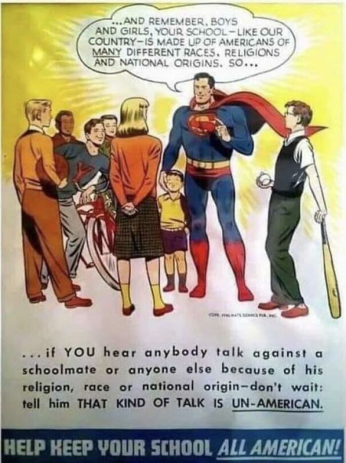 Vintage superhero poster promoting school diversity and unity against prejudice in retro advertisement