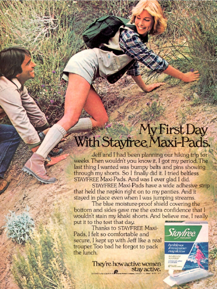 Vintage Stayfree maxi-pads ad with woman hiking outdoors