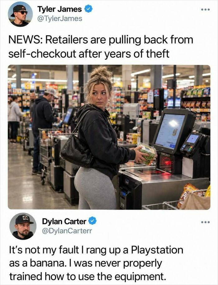 Fun post displaying a news tweet about self-checkout theft with a humorous comment.