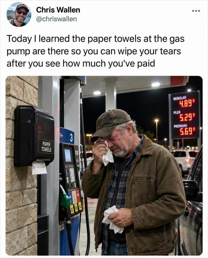 A man crying at a gas station pump while wiping tears, illustrating entertaining fun posts about gas prices.