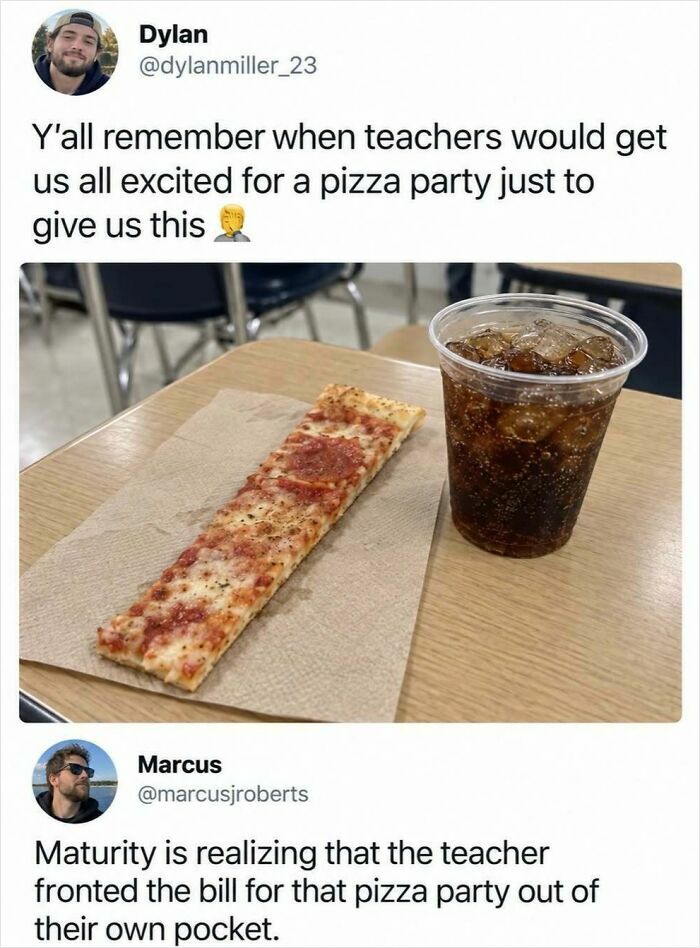 Silly and fun post comparing school pizza party slices to a realization about teacher budgets