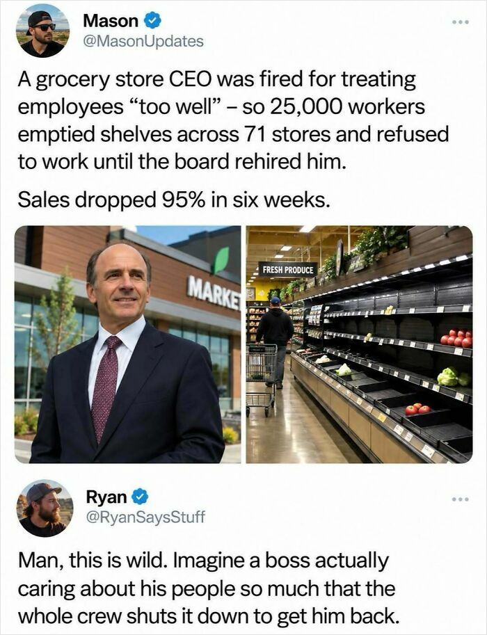 Entertaining post showing news about grocery store employees striking for a beloved CEO