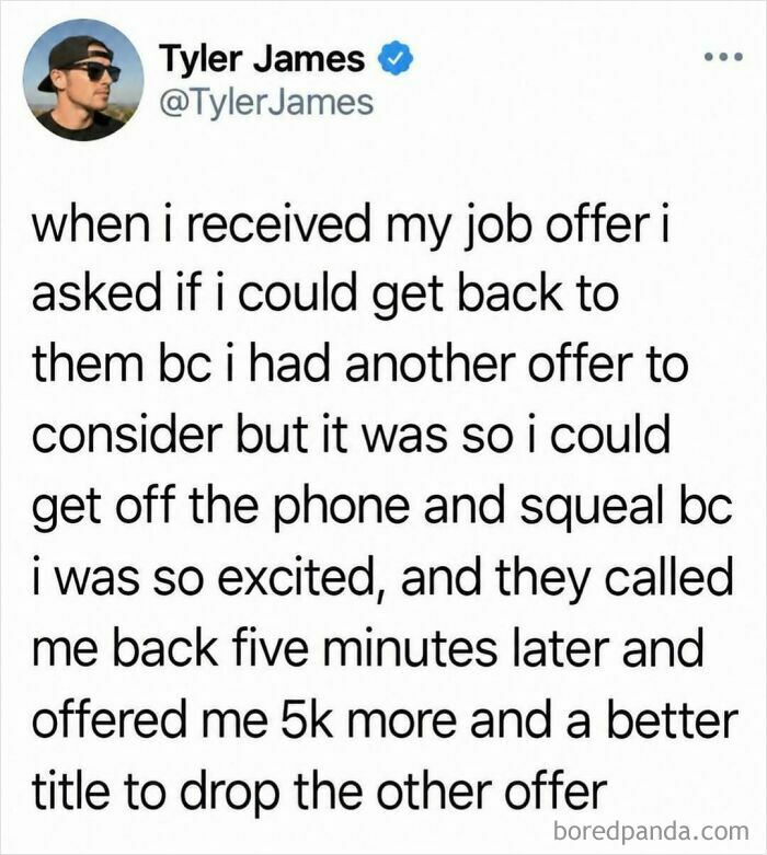 Silly and fun post showing a tweet about playing hard to get during a job offer negotiation